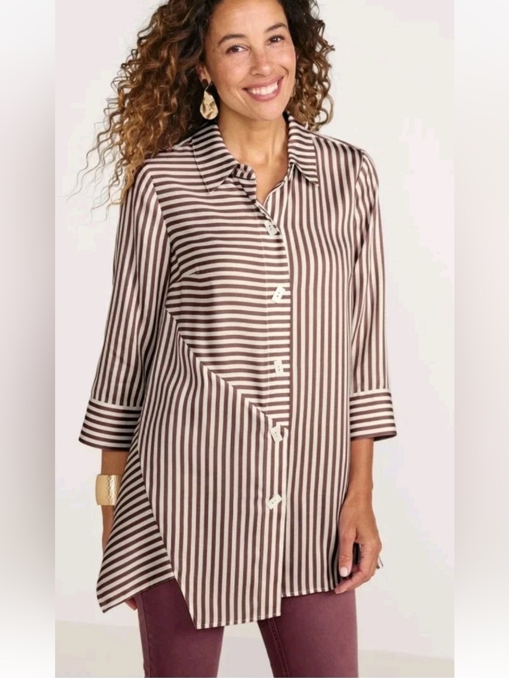 Soft Surroundings On Pointe Tencel Shirt Womens Striped Asymmetrical Hem Size L